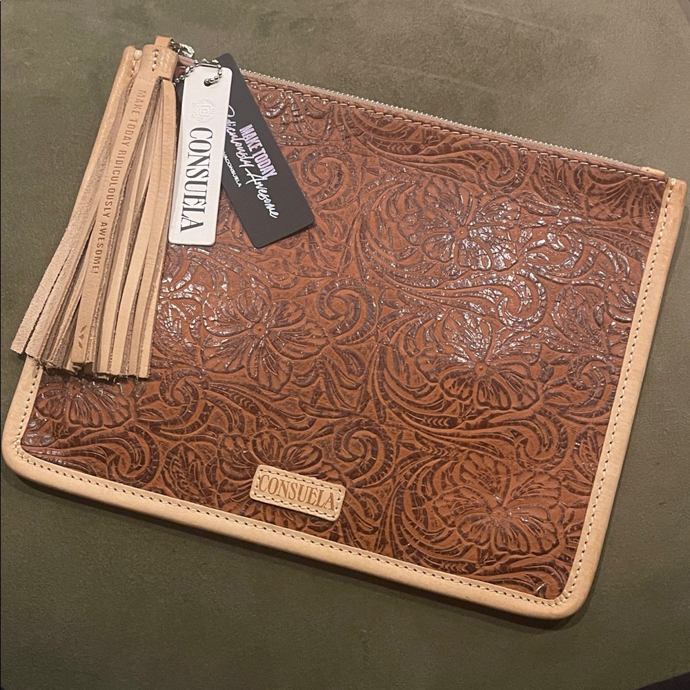 Consuela ‘Sally Anything Goes Pouch’ Tooled Leather, Large Leather Tassel